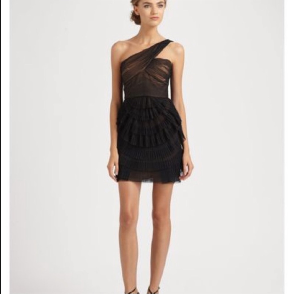 BCBGMAXAZRIA Black Mesh One Shoulder Tiered Zella Cocktail Dress